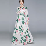 Cinessd - Maxi Dresses Women's Long Sleeve Print Elastic Waist Holiday Elegant Long Dress