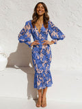 Cinessd - Women Sexy V Neck Floral Printed Ruffle Maxi Dresses