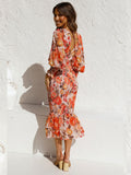 Cinessd - Women Sexy V Neck Floral Printed Ruffle Maxi Dresses