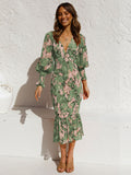 Cinessd - Women Sexy V Neck Floral Printed Ruffle Maxi Dresses