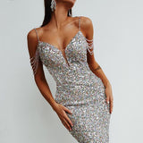 Cinessd - Women Sequin Crystal Spaghetti Strap Colorful Prom Dresses