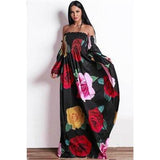 Cinessd - Flared sleeve off shoulder bohemian dress Women floral printed long dress Autumn fashion vacation maxi dress Boho vestidos