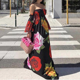 Cinessd - Flared sleeve off shoulder bohemian dress Women floral printed long dress Autumn fashion vacation maxi dress Boho vestidos