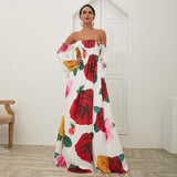 Cinessd - Flared sleeve off shoulder bohemian dress Women floral printed long dress Autumn fashion vacation maxi dress Boho vestidos