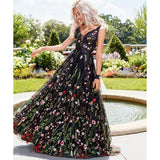 Cinessd - Flower embroidery maxi dress Women Backless v neck long party dress Elegant sleeveless plunging mesh dress summer vestidos