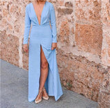 Cinessd - Front slit long dress women v neck long sleeve dress Autumn Fashion casual dresses Elegant maxi vestidso mujer