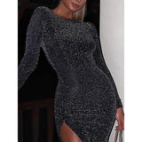 Cinessd - Glitter long dress Women side slit long sleeve bodycon dresses party dress nightclub wear Glittering black vestidos autumn