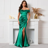 Cinessd - Chic Off Shoulder Holiday Outfit Satin Dress