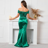 Cinessd - Chic Off Shoulder Holiday Outfit Satin Dress