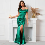 Cinessd - Chic Off Shoulder Holiday Outfit Satin Dress