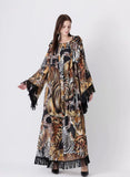 Cinessd - Long Flare Sleeves Printed Elegant High Street Fashion Maxi Dress