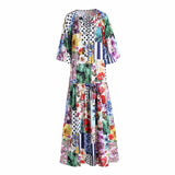 Cinessd - O Neck 3/4 Sleeves Floral Printed Loose Design Fashion Maxi Dress