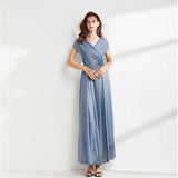 Cinessd - V Neck Cape Sleeves Criss Cross Elegant Long Maxi Dress