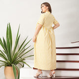 Cinessd - New Summer Women Yellow Striped Long Dress Button Short-Sleeve Maxi Dress Plus Size Dress Casual Loose Fat Large Dresses