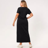 Cinessd - Summer Long Dress Plus Size Women Black Solid Color Webbing V-neck Short-sleeved Loose Casual Party Large Maxi Dresses