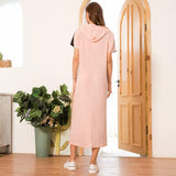 Cinessd - Women Hooded Dress Summer Short Sleeve Patchwork Drawstring Maxi Dress Casual Women Loose Long Dresses