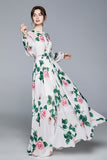 Cinessd - Maxi Dresses Women's Long Sleeve Print Elastic Waist Holiday Elegant Long Dress