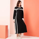 Cinessd - Womens Casual Dress Black White Patchwork Plus Striped O Neck Long Sleeve Maxi Dresses
