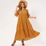 Cinessd - Plus Size Yellow Geometry V-neck Half Flared Sleeves Button A-line Loose Bohemian Style Maxi Dresses