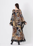 Cinessd - Long Flare Sleeves Printed Elegant High Street Fashion Maxi Dress