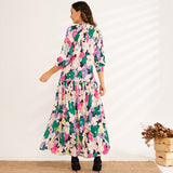 Cinessd - New Summer Maxi Dress Women Multicolor Floral Printing 3/4 Sleeve Bow Tie Collar A-line Bohemian Elegant Holiday Style Robe