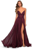 Cinessd - V-Neck Prom Dress Lace Appliques Long Slit Backless Evening Dress