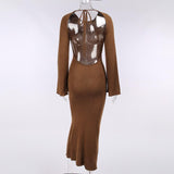 Cinessd - solid knitted open back flared long sleeve maxi dress