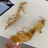 Cinessd Eilyken Fashion Gold Silver Sandals Thin Low Heel Lace Up Rome Summer Gladiator Women Casual Narrow Band Shoes