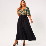 Cinessd - Summer Maxi Dress Women Plus Size Green And Black Loose Floral Print Belt Half Sleeve V-neck Holiday Casual Large Robes