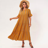 Cinessd - Plus Size Yellow Geometry V-neck Half Flared Sleeves Button A-line Loose Bohemian Style Maxi Dresses