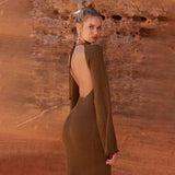 Cinessd - solid knitted open back flared long sleeve maxi dress