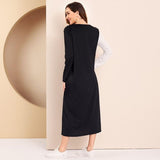 Cinessd - Women Casual Dress Sequin Panel Colorblock O Neck Long Sleeve Maxi Dresses