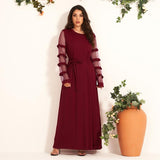 Cinessd - New Summer Women Party Dress Elegant Burgundy Long Dress Sexy Mesh Ruffle Long Sleeve Belted Maxi Dresses Retro Vestido