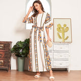 Cinessd - New Women Summer Boho Long Dress White Fashion Tribal Print Batwing Half Sleeve Belted Kaftan Holiday Style Maxi Dresses