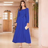 Cinessd - New Autumn Women Casual Dress Elegant Blue Square Collar Maxi Dress Long Sleeve Belted Long Dresses Women