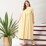 Cinessd - New Summer Women Yellow Striped Long Dress Button Short-Sleeve Maxi Dress Plus Size Dress Casual Loose Fat Large Dresses