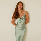 Cinessd - Mint Green Strap Satin Party Nightclub Midi Dress