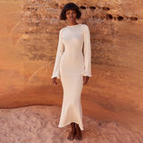 Cinessd - solid knitted open back flared long sleeve maxi dress