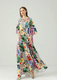 Cinessd - O Neck 3/4 Sleeves Floral Printed Loose Design Fashion Maxi Dress