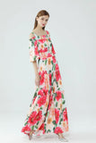 Cinessd - Slash Neckline Floral Printed Tiered Ruffles Elegant Long Maxi Dresses