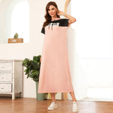 Cinessd - Women Hooded Dress Summer Short Sleeve Patchwork Drawstring Maxi Dress Casual Women Loose Long Dresses