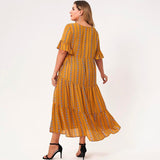 Cinessd - Plus Size Yellow Geometry V-neck Half Flared Sleeves Button A-line Loose Bohemian Style Maxi Dresses