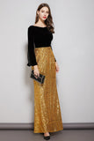 Cinessd - Long Sleeves Velvet Bodice Patchwork Sequined Elegant Floor Length Dresses