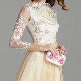 Cinessd - Embroidery Long Sleeves Party Prom Elegant Floral Maxi Fashion Dresses