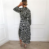 Cinessd - Leopard Women Chiffon Long Dress Long Sleeve Deep V-neck Party Dress