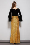 Cinessd - Long Sleeves Velvet Bodice Patchwork Sequined Elegant Floor Length Dresses