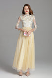 Cinessd - Embroidery Long Sleeves Party Prom Elegant Floral Maxi Fashion Dresses