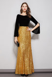 Cinessd - Long Sleeves Velvet Bodice Patchwork Sequined Elegant Floor Length Dresses