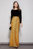 Cinessd - Long Sleeves Velvet Bodice Patchwork Sequined Elegant Floor Length Dresses