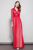 Cinessd - Sexy V Neck Long Sleeves Ruched Waist Layered Elegant Maxi Dresses